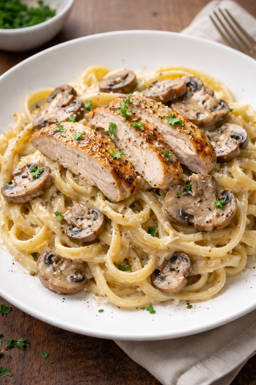 Spaghetti Alfredo con Pollo y Hongos